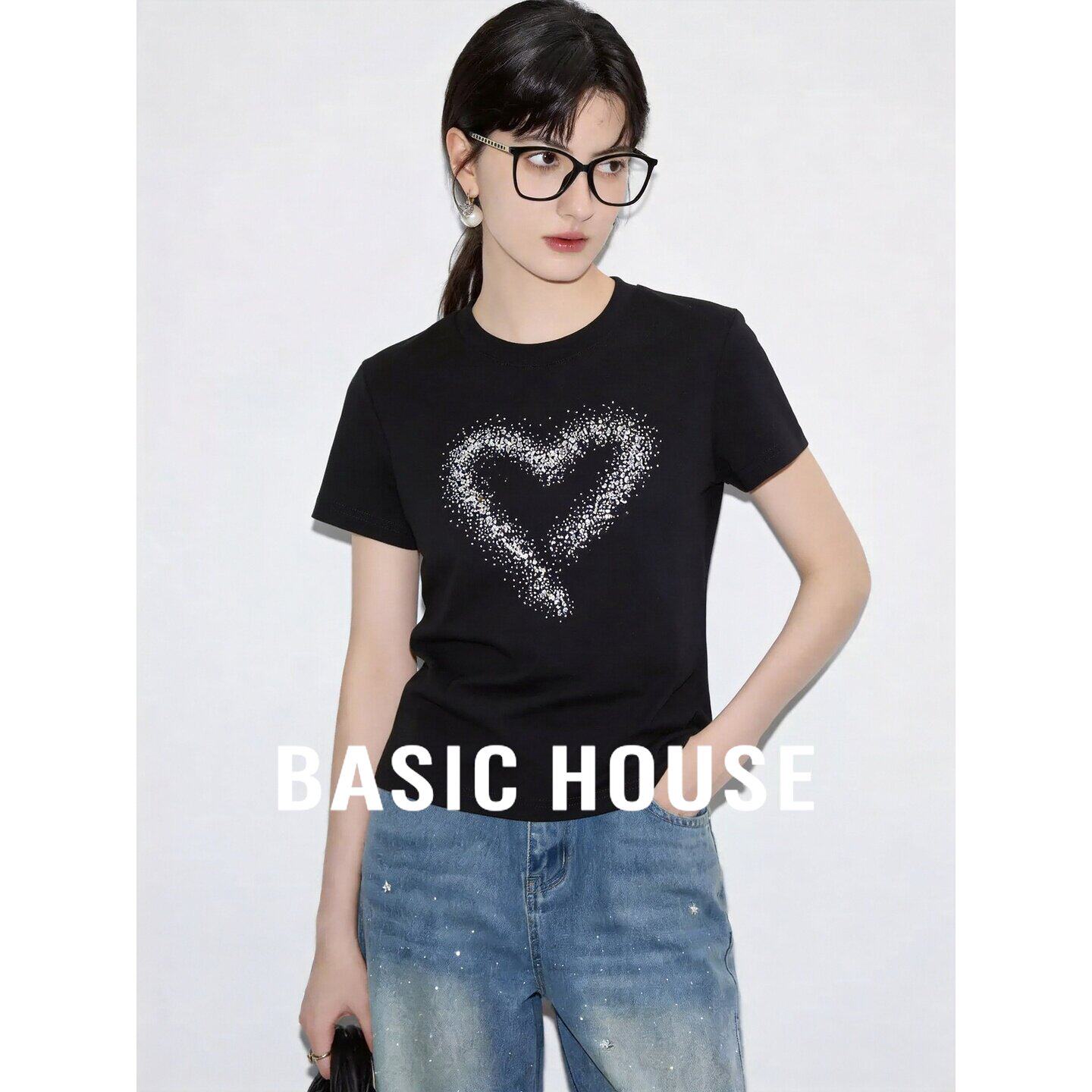 Basic House/百家好设计感满钻爱心短袖T恤女夏黑色时尚百搭上衣