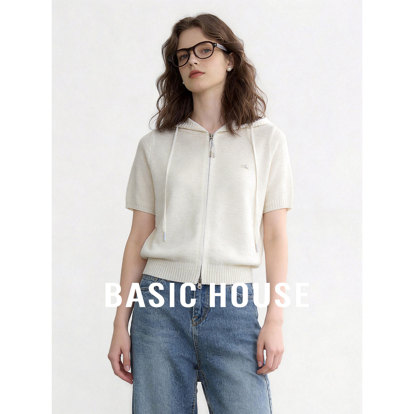Basic House/百家好连帽拉链短袖针织开衫女灰色显瘦百搭减龄上衣