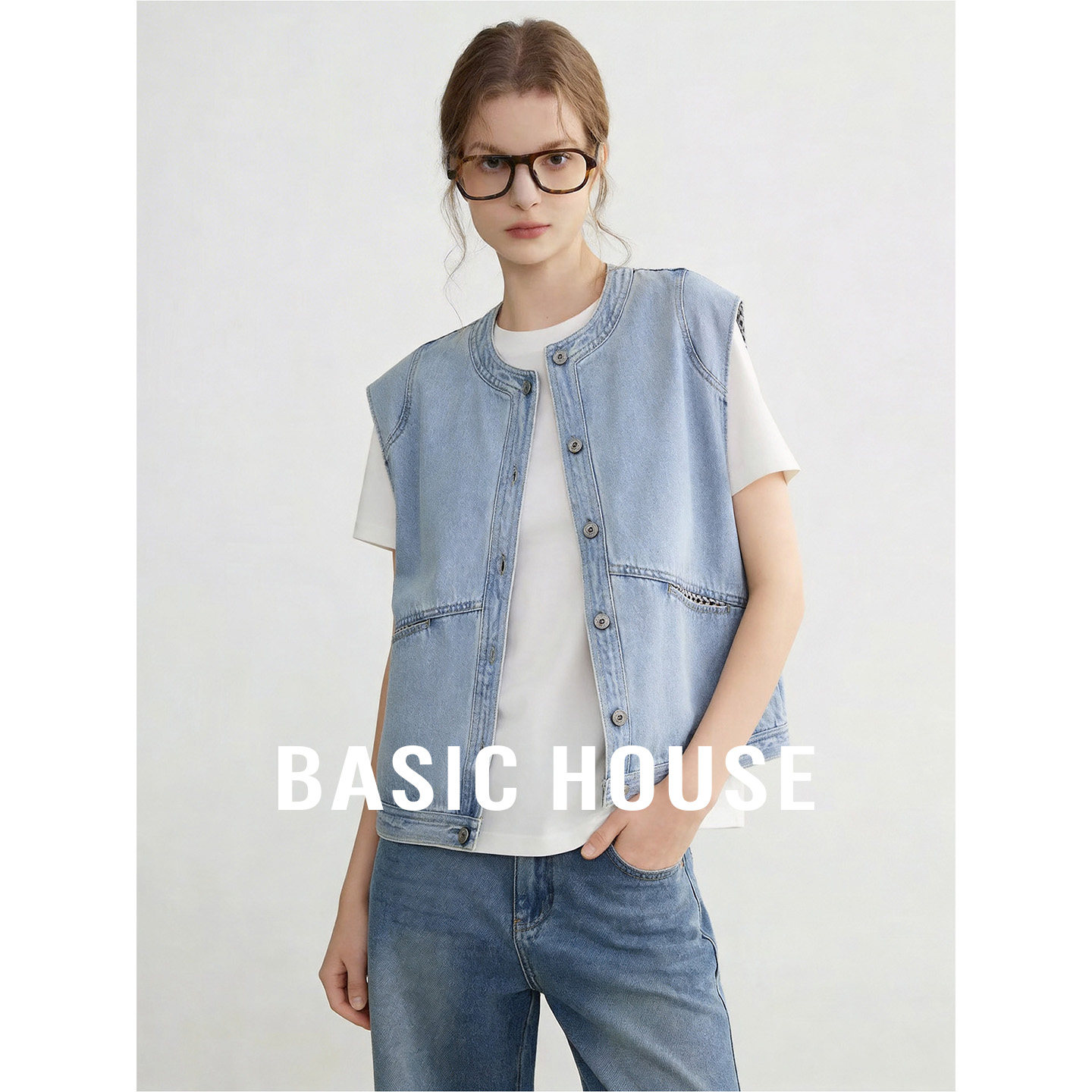 Basic House/百家好复古圆领牛仔马甲夏季设计感纯色短款叠穿坎肩