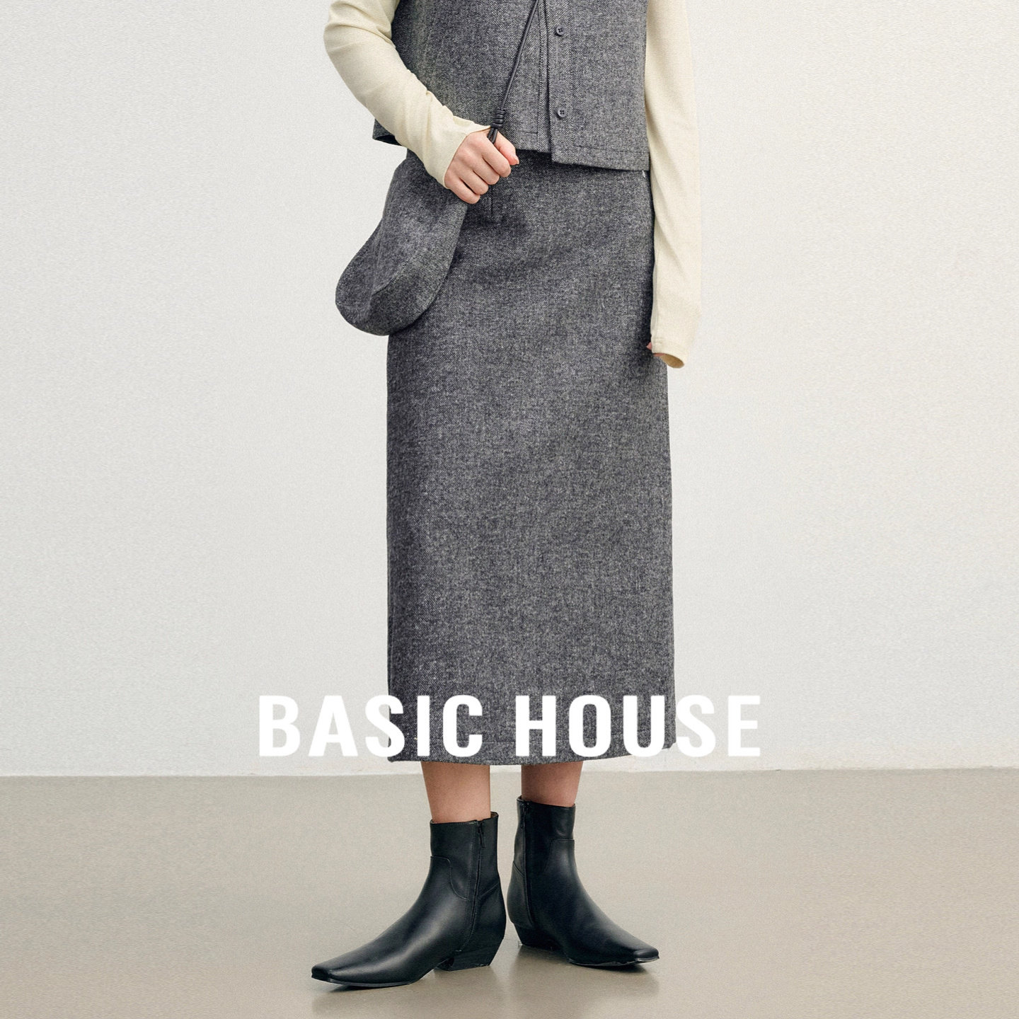 Basic House/百家好老钱风后开叉西装半身裙显瘦绵羊毛中长款裙子