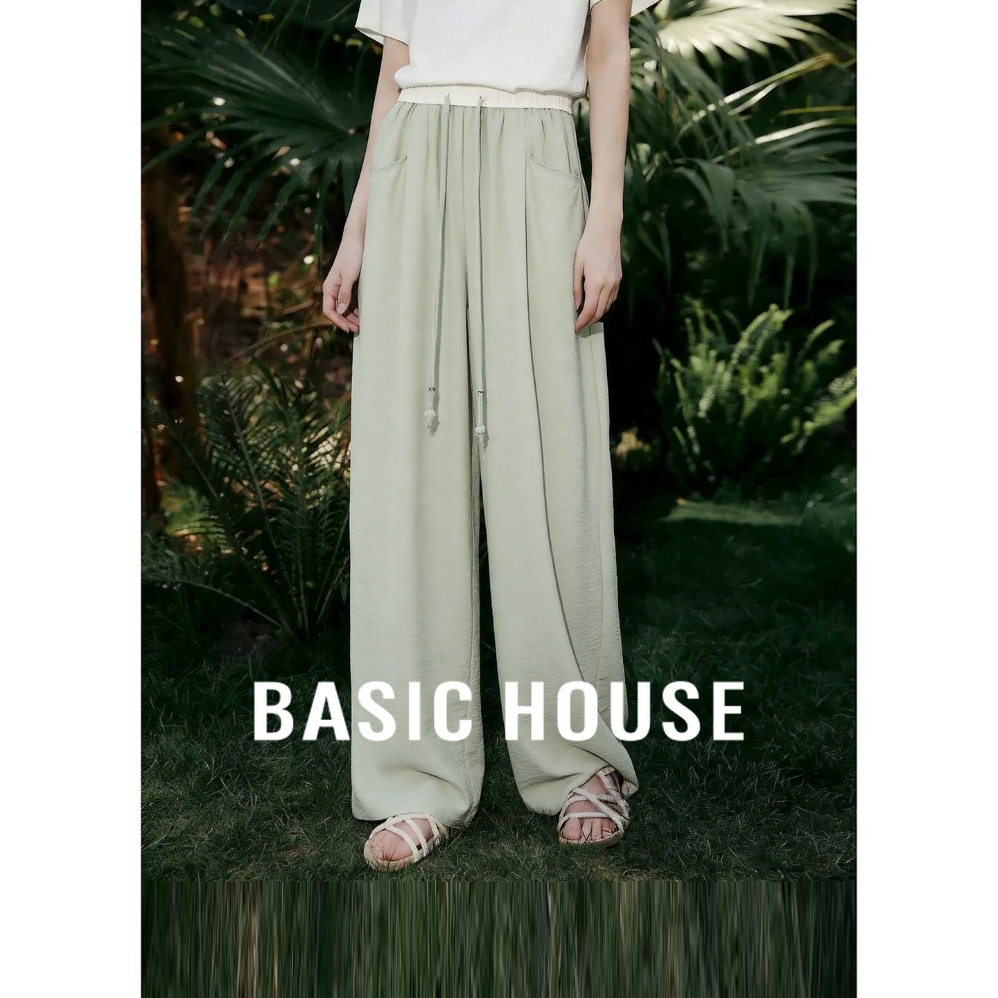 Basic House/百家好绿色中高腰微喇阔腿裤时尚百搭显瘦休闲裤夏季