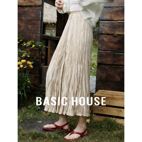 Basic House/百家好轻熟风褶皱半身裙女A字显瘦中长裙千金穿搭