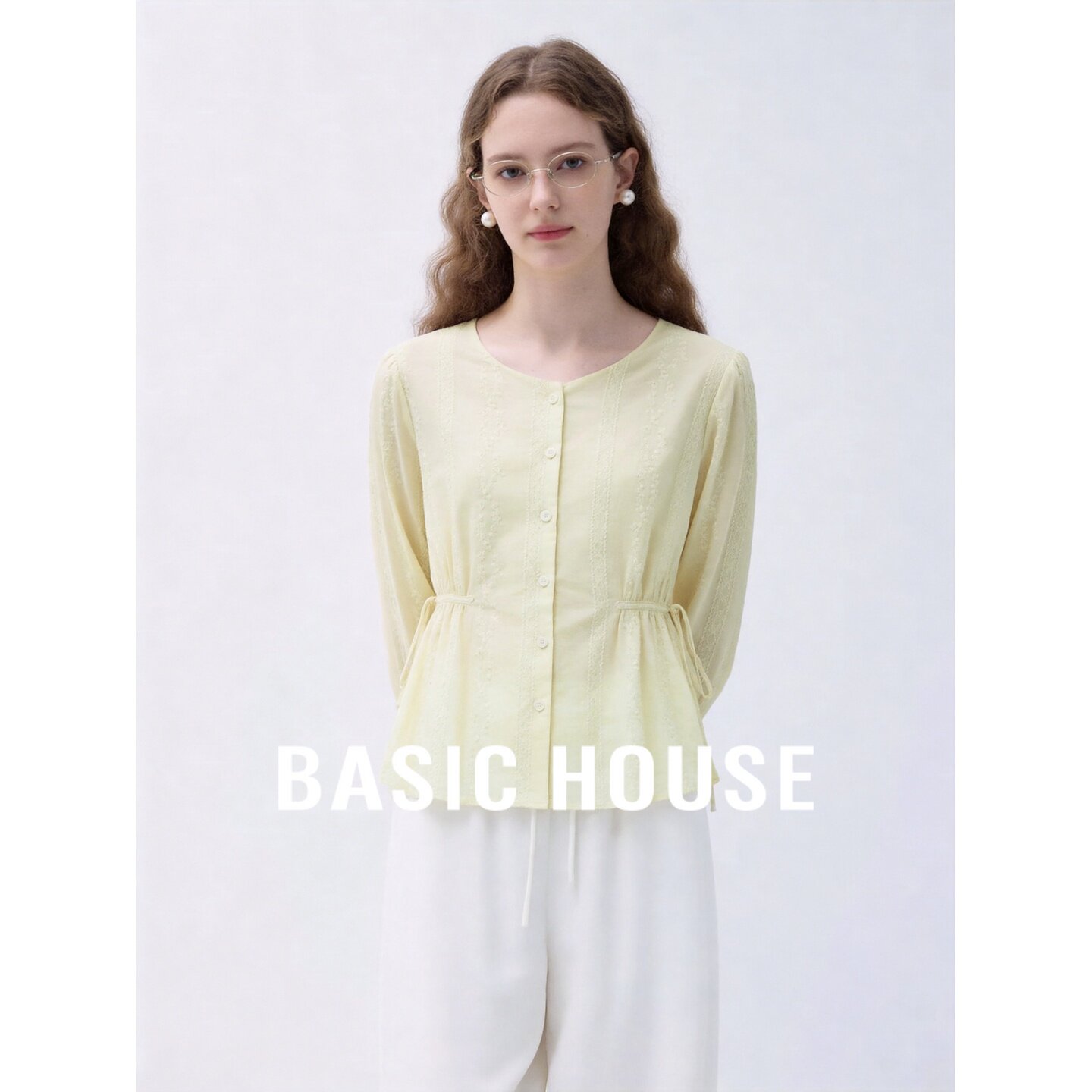 Basic House/百家好清新收腰衬衫女秋长袖棉质百搭小众设计感上衣