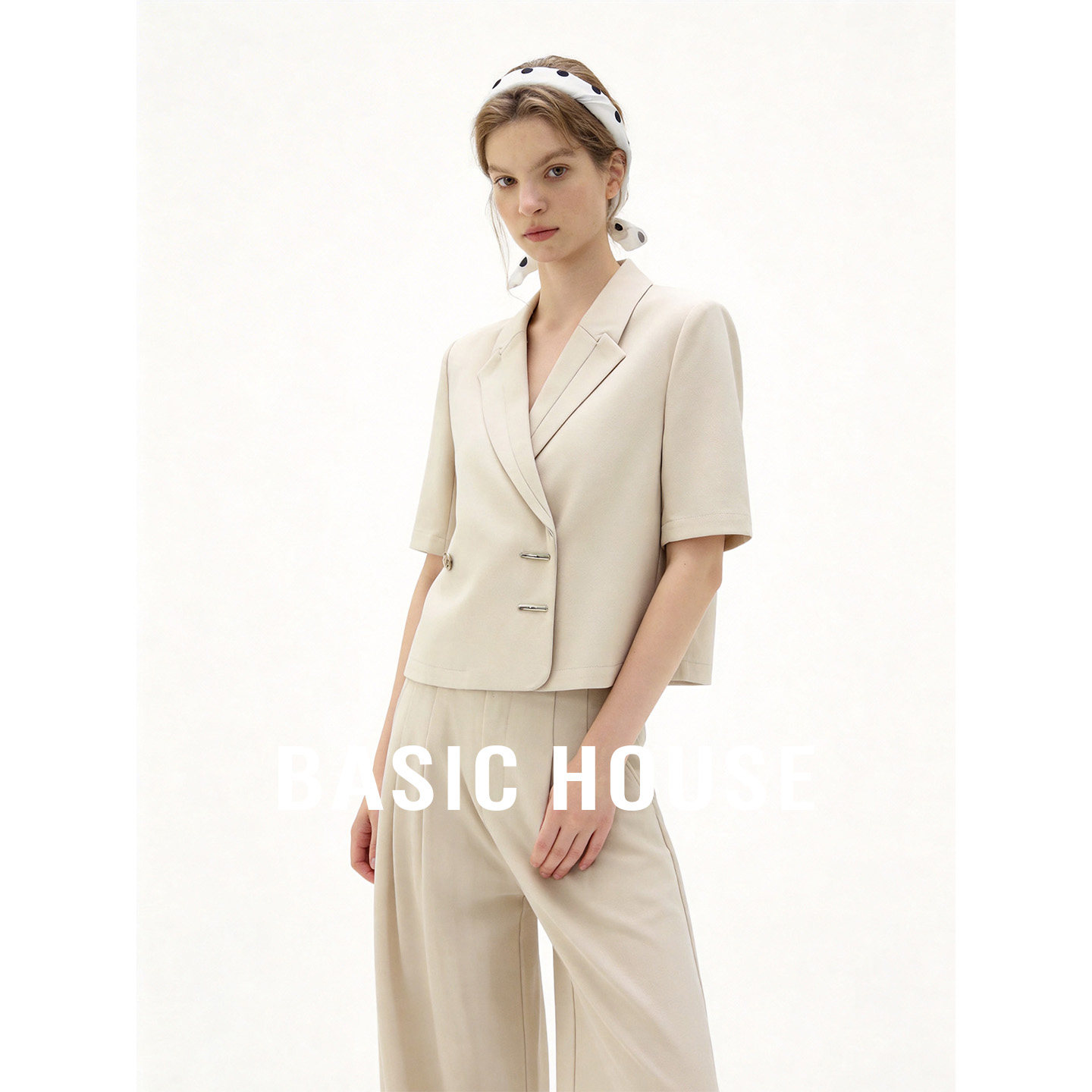 Basic House/百家好西装套装短外套夏季新款时尚高腰阔腿裤两件套