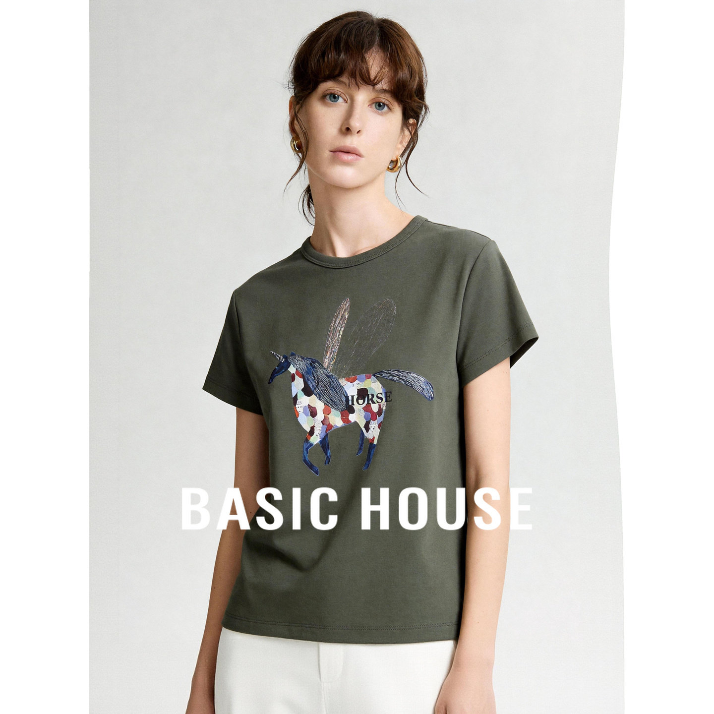 Basic House/百家好时尚独角兽印花短袖女2026夏圆领显瘦棉质T恤