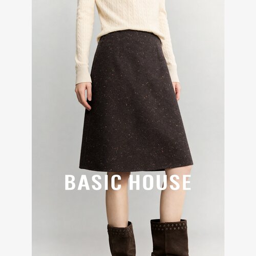 Basic House/百家好亮片毛呢半身裙女A字中长裙百搭通勤优雅半裙