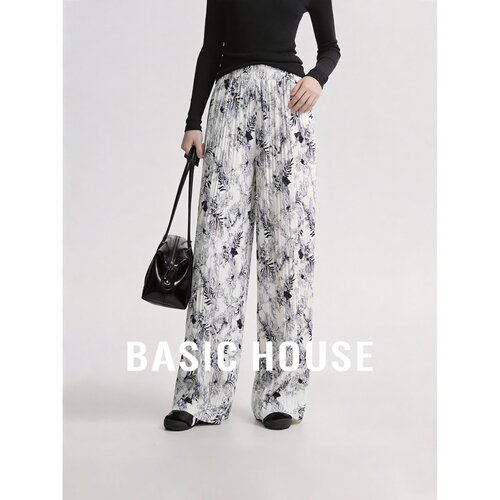 Basic House/百家好慵懒风高腰印花阔腿裤女宽松压褶凉感通勤百搭