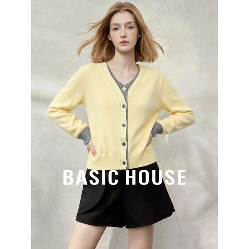 Basic House/百家好撞色假两件V领绵羊毛针织开衫女秋慵懒风毛衣