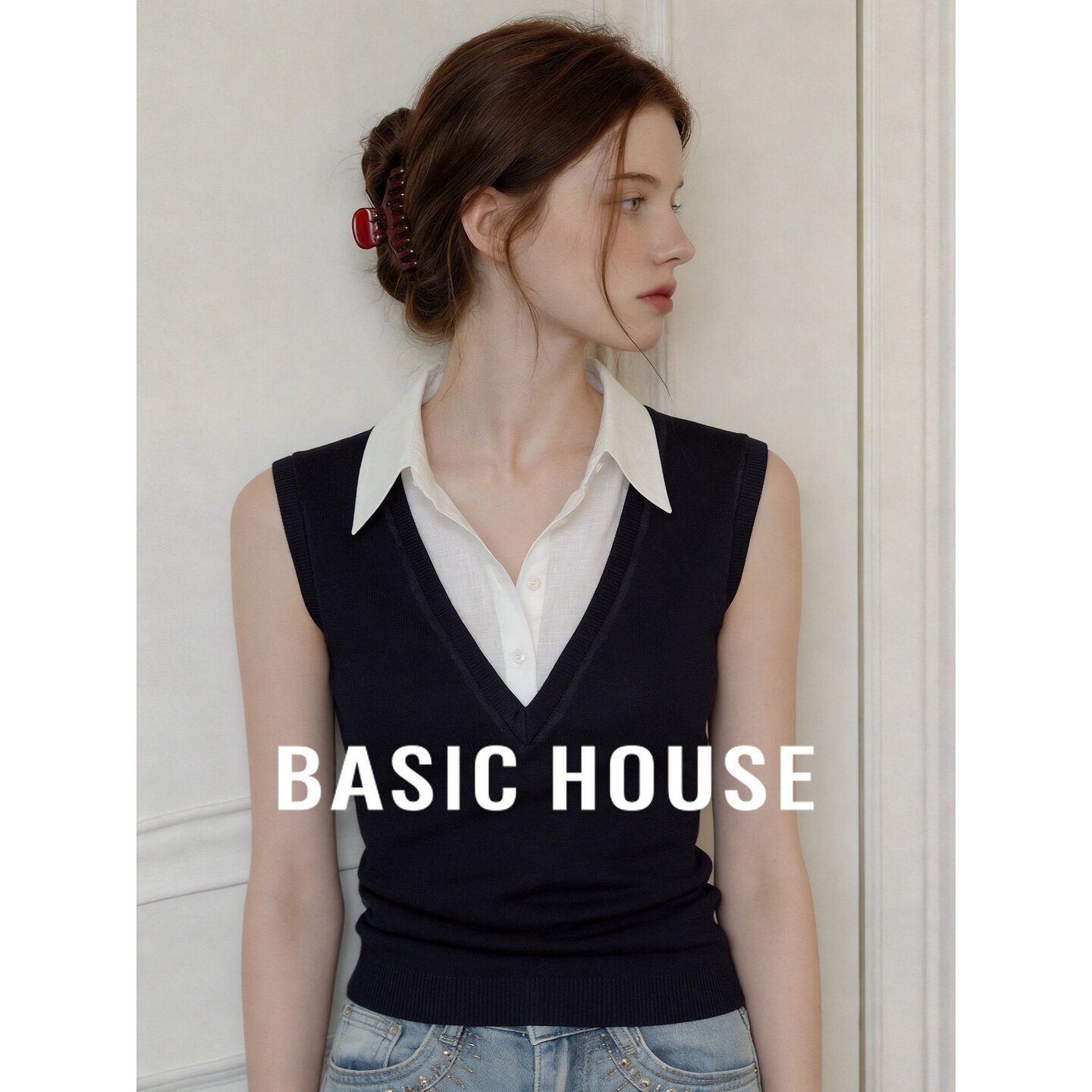 Basic House/百家好莱赛尔轻熟假两件V领针织背心女夏季无袖上衣