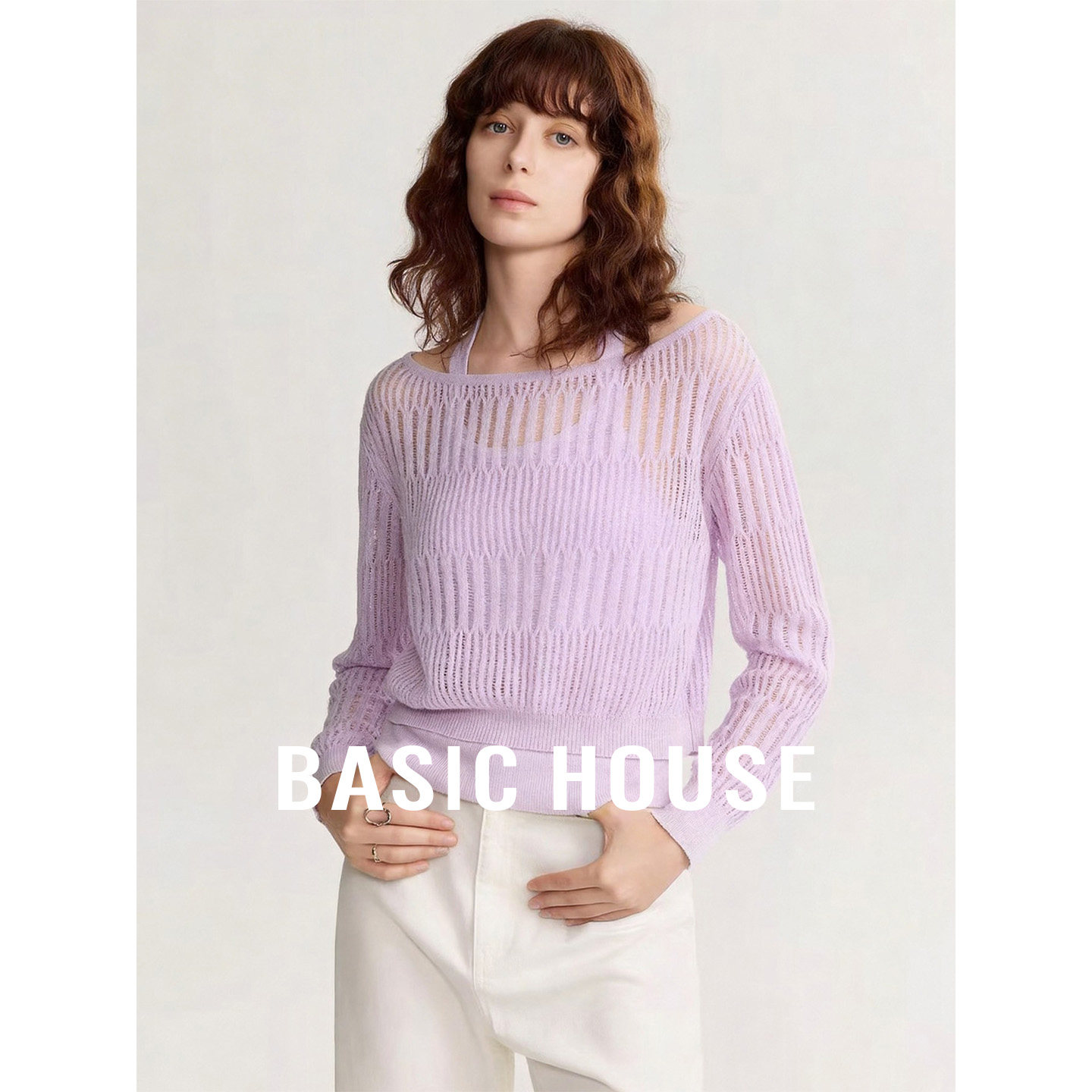 Basic House/百家好纯色气质套装挂脖吊带一字领镂空罩衫两件套女