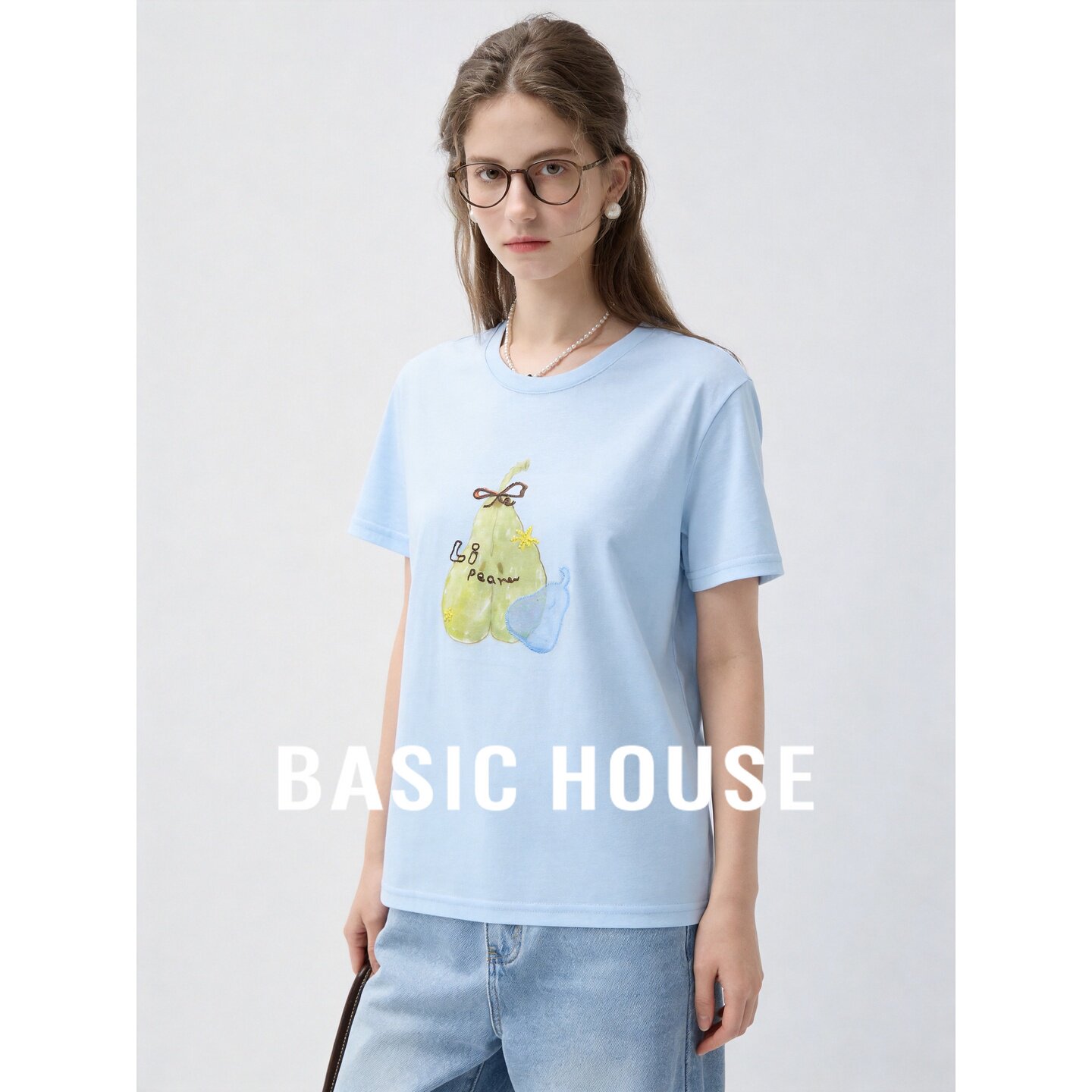 Basic House/百家好夏日百搭短袖圆领T恤女蓝色梨子印花宽松上衣