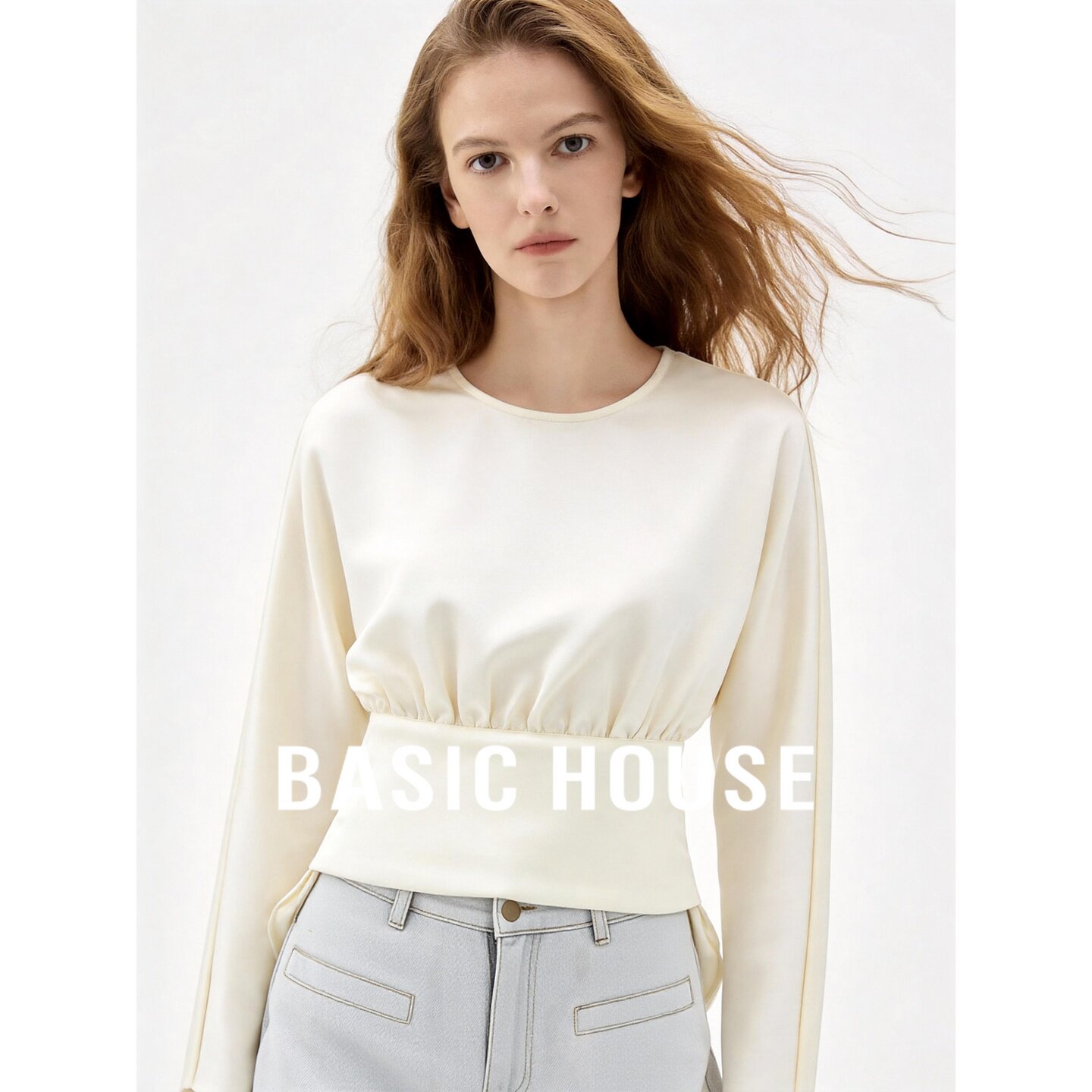 Basic House/百家好2026秋杏色圆领抽褶收腰套头长袖新款日常衬衫