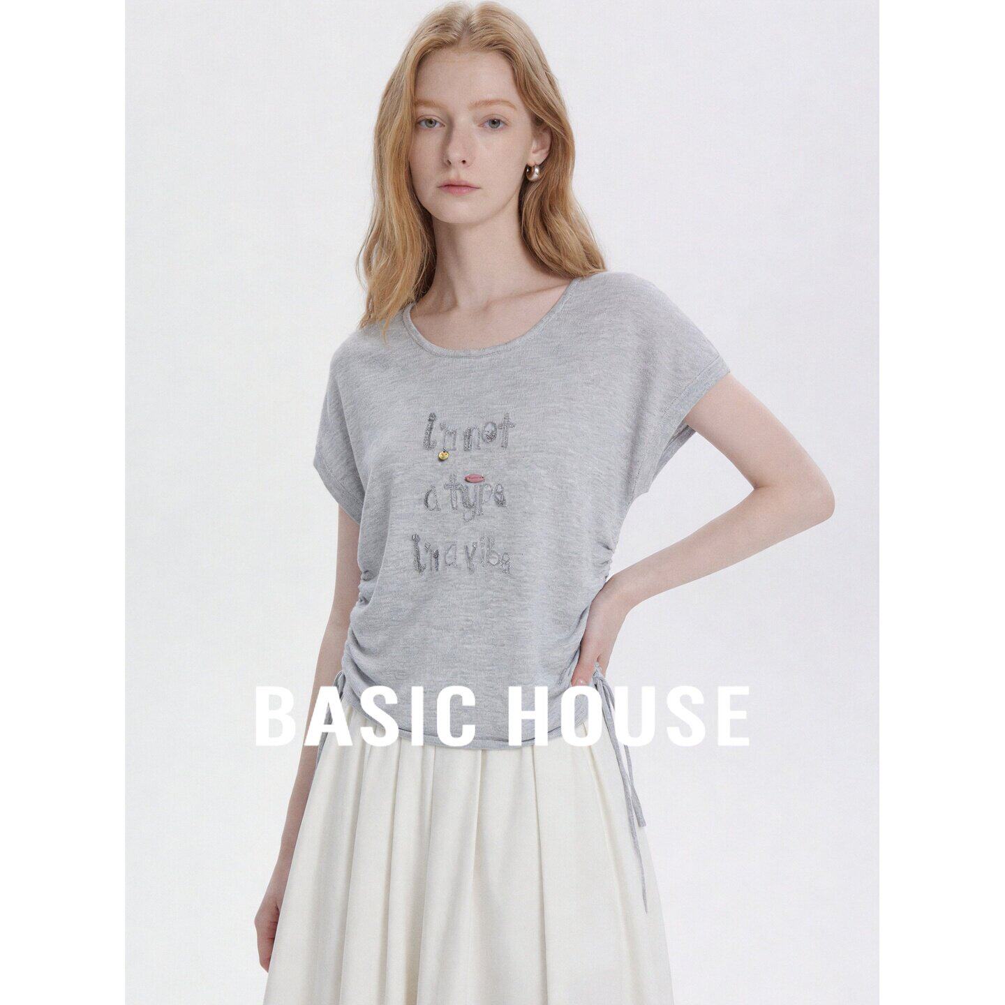 Basic House/百家好灰色抽绳显瘦短袖针织衫女26夏季宽松透气上衣