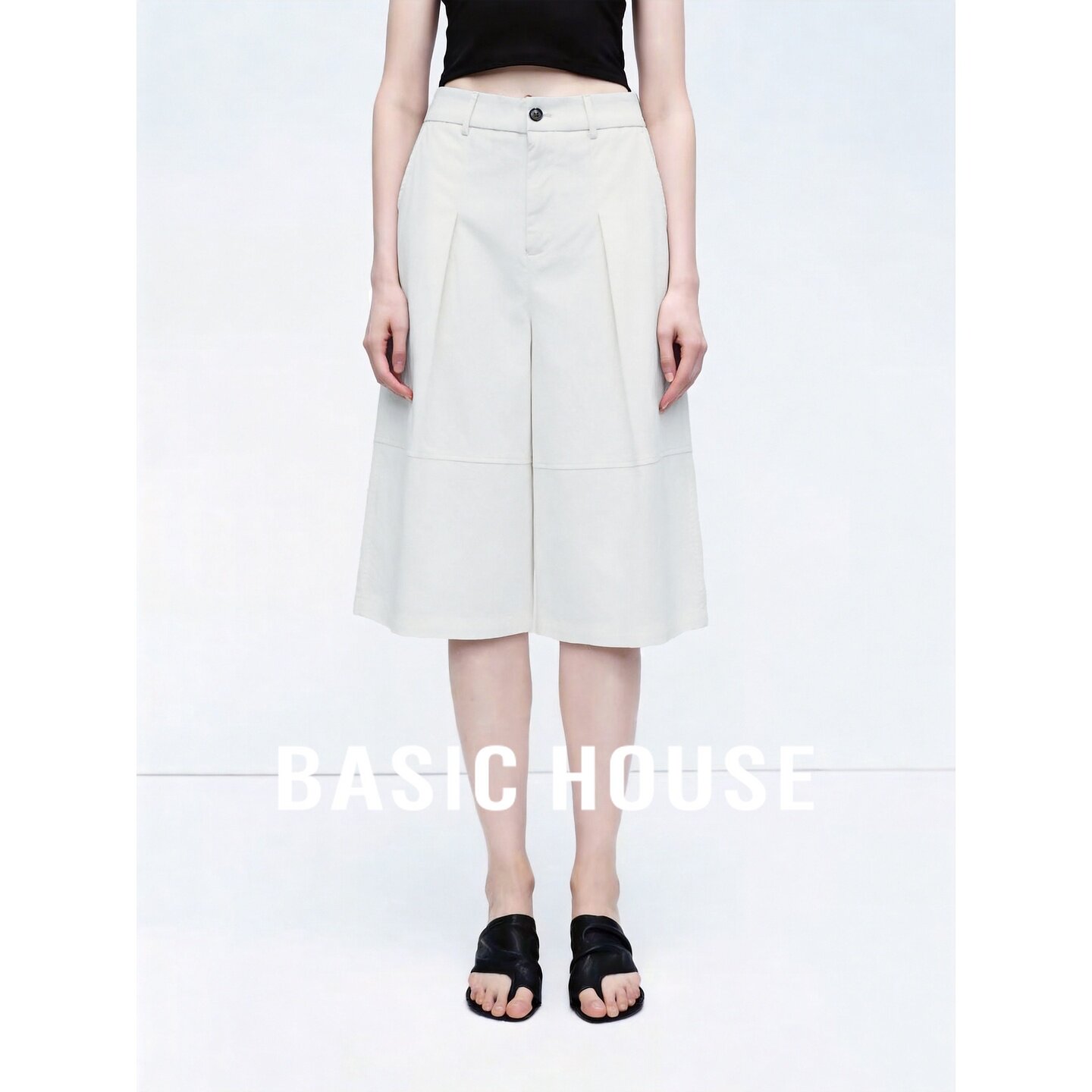 Basic House/百家好白色阔腿休闲裤极简风高腰宽松显瘦女夏款短裤