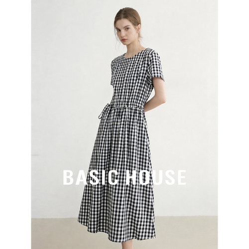 Basic House/百家好撞色黑白格子短袖连衣裙女夏季中长款收腰裙子