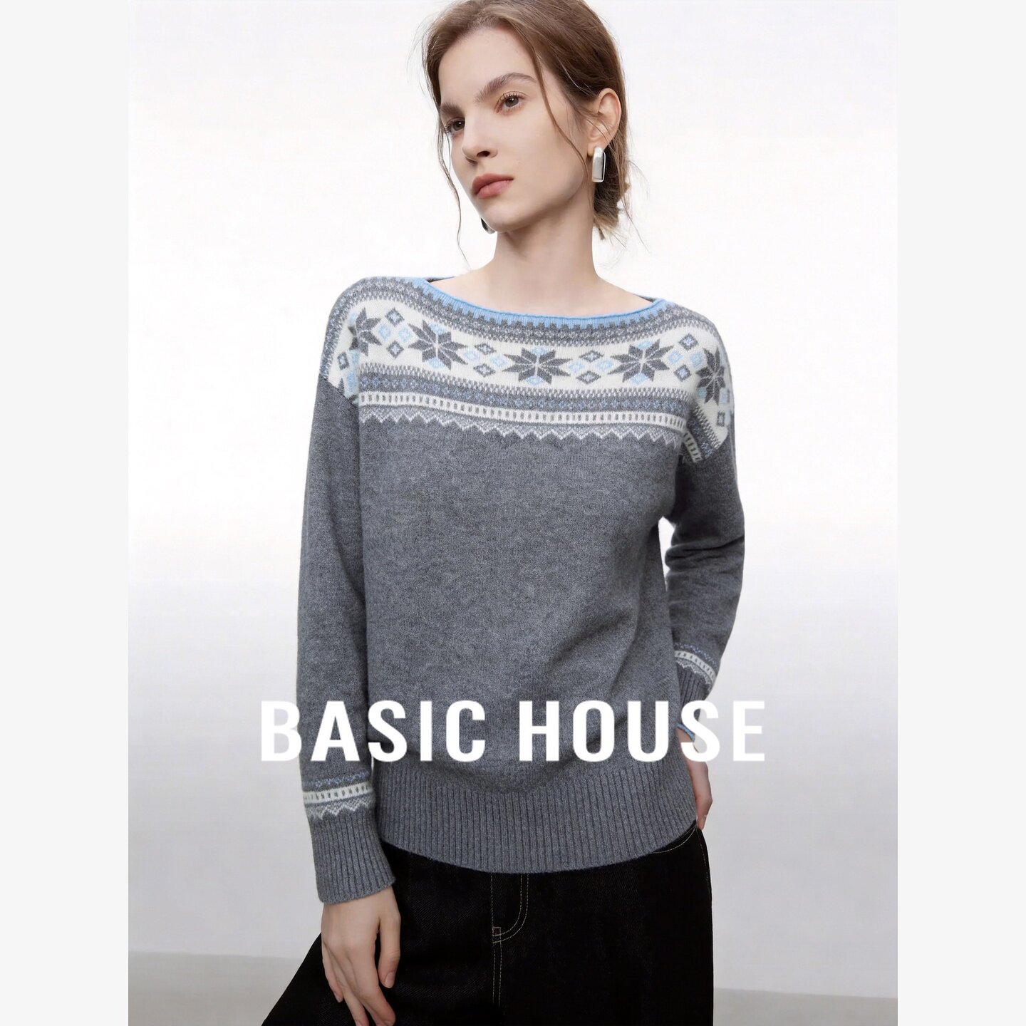 Basic House/百家好圆领提花羊毛毛衣女装长袖针织衫宽松保暖上衣