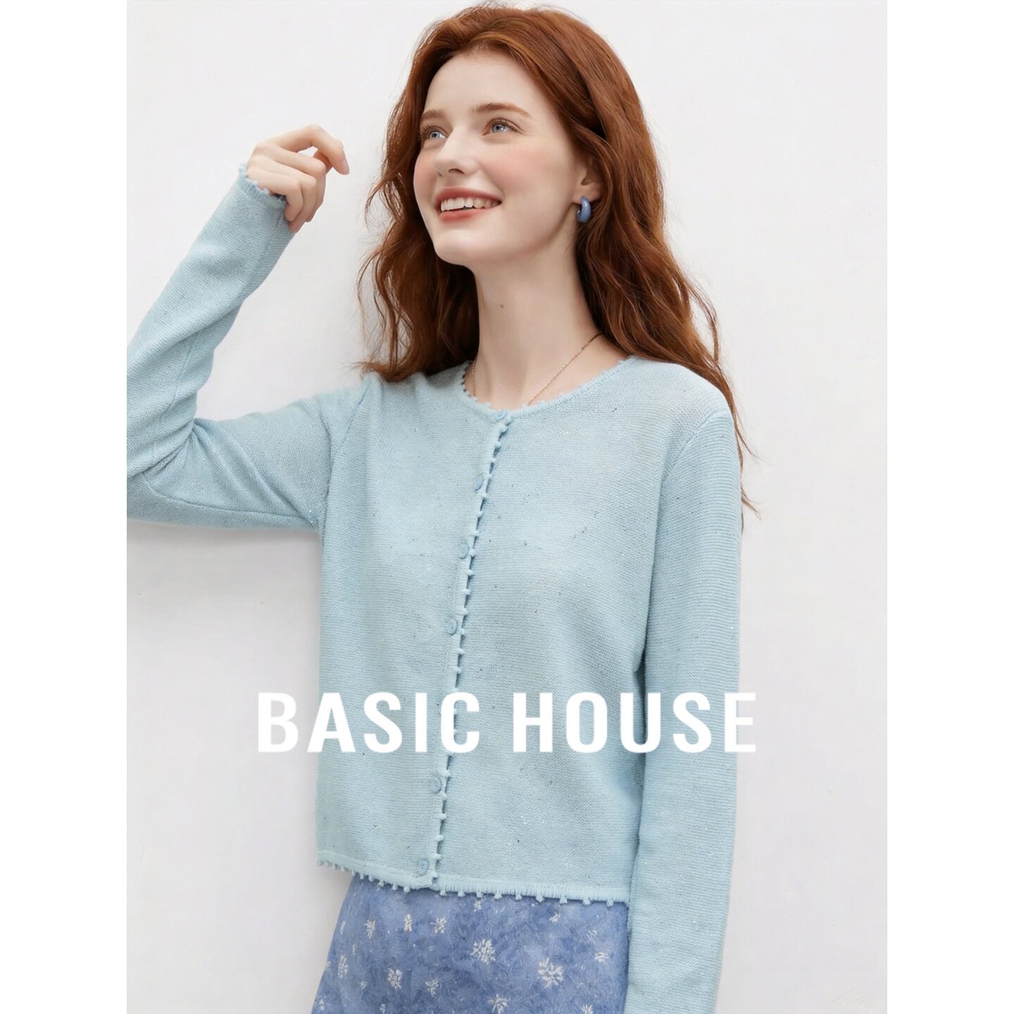 Basic House/百家好温柔浅蓝色亮片针织开衫女长袖设计感毛衣上衣