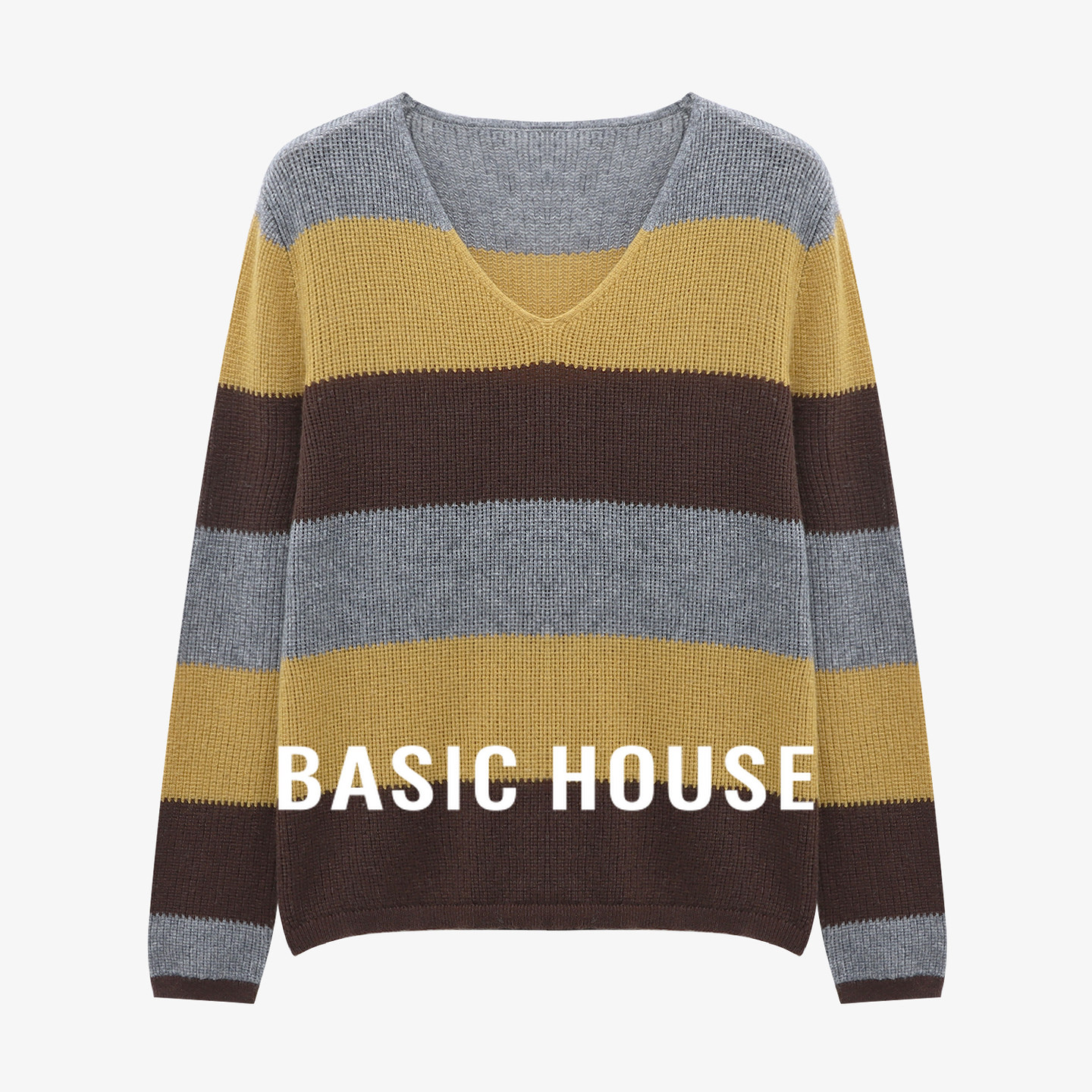Basic House/百家好绵羊毛撞色条纹针织衫女宽松显瘦V领套头上衣