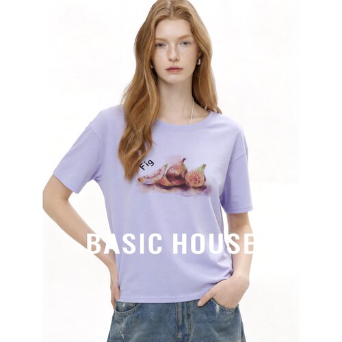Basic House/百家好紫色印花短袖T恤女夏装减龄显瘦舒适上衣