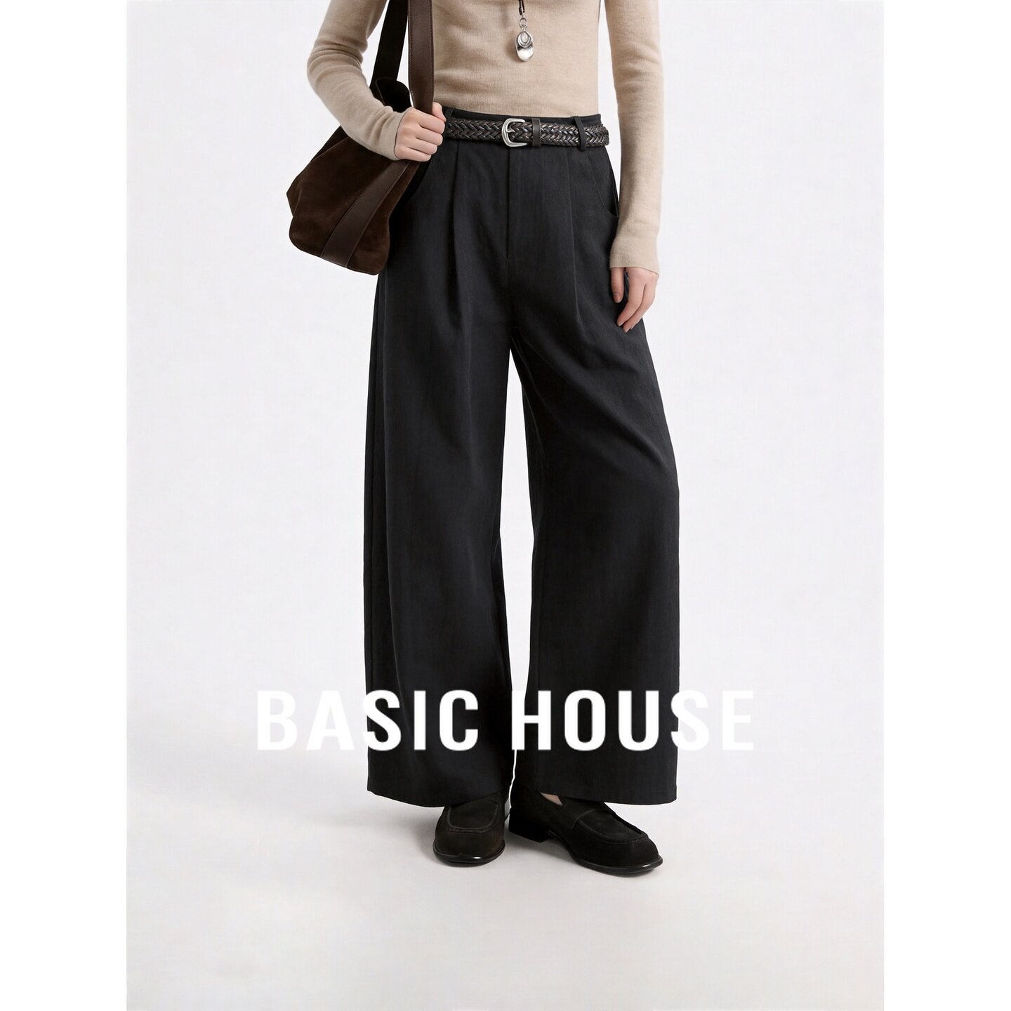Basic House/百家好复古高腰黑色阔腿裤编织腰带垂感休闲裤女秋季