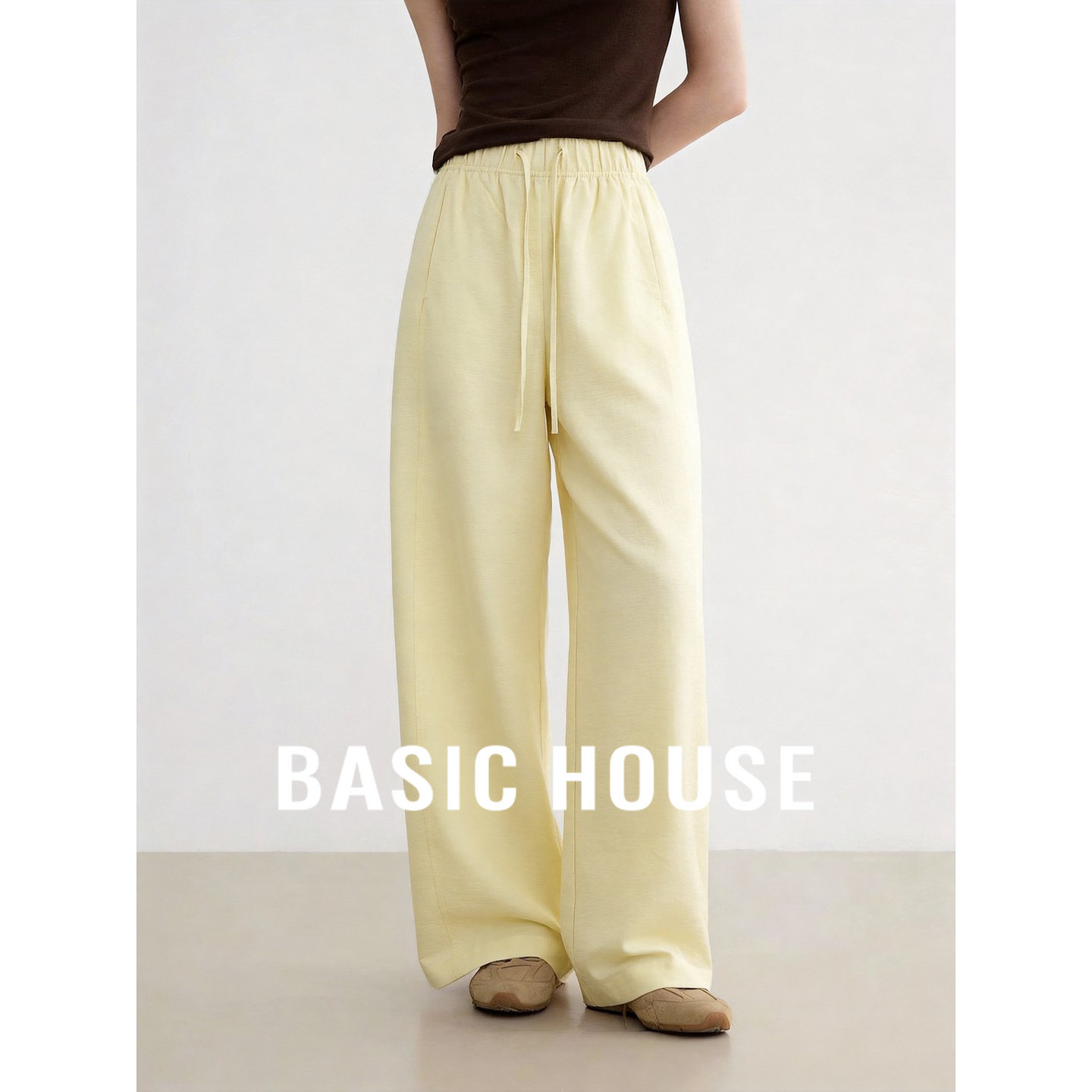 Basic House/百家好黄色高腰抽绳阔腿裤女夏季松弛感百搭休闲长裤