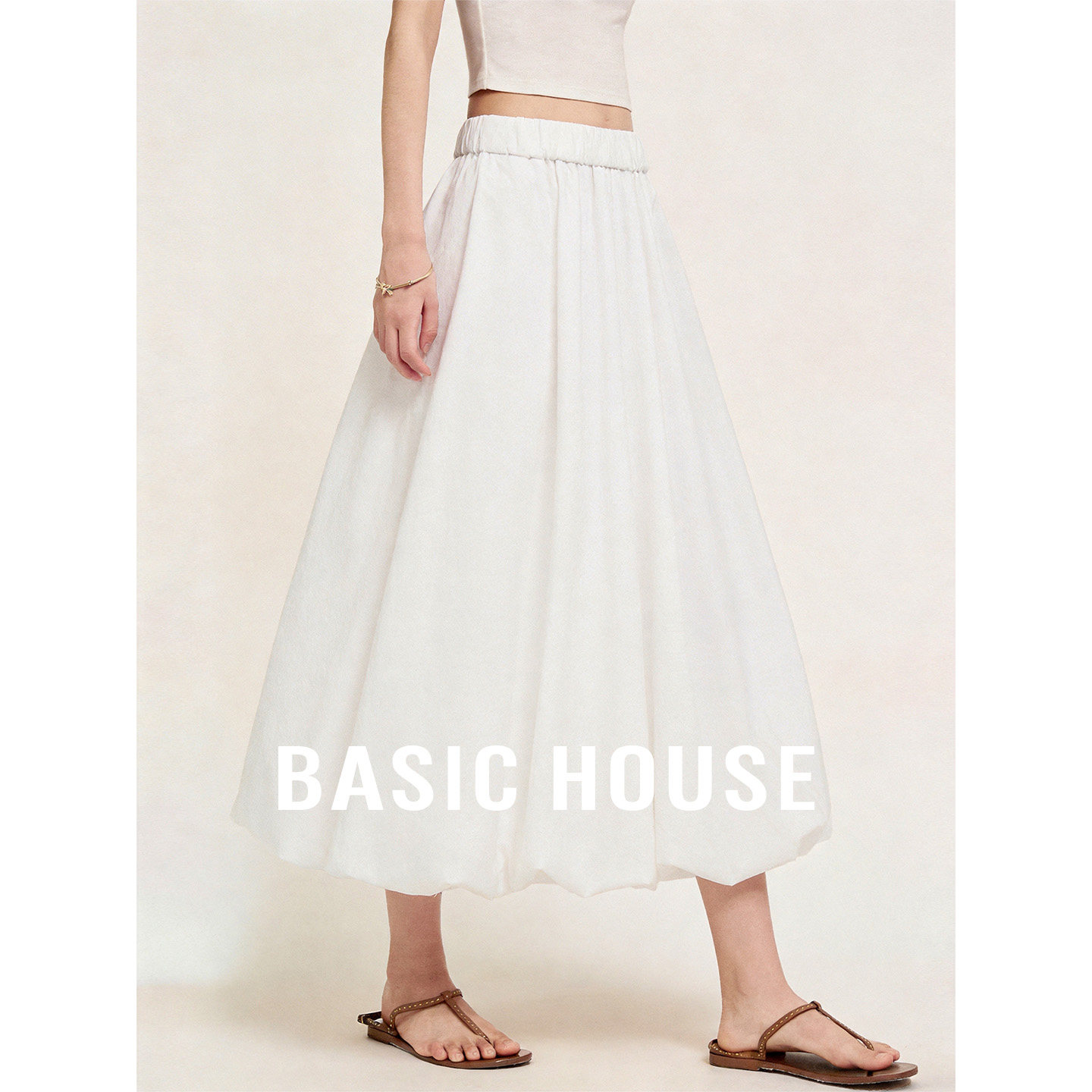 Basic House/百家好白色高腰半身裙女夏季设计宽松显瘦气质花苞裙