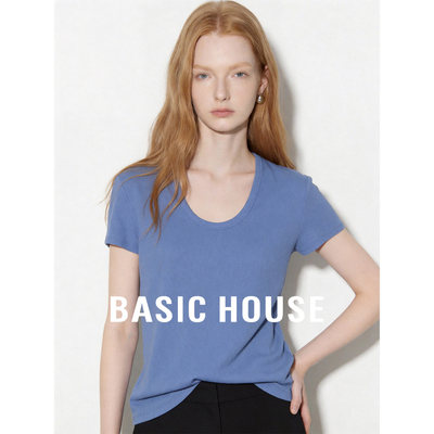 Basic House/百家好蓝色低U领短袖T恤女夏季基础款桑蚕丝内搭上衣