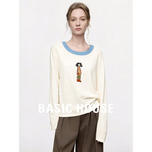 Basic House/百家好刺绣撞色领针织衫女宽松软糯慵懒风减龄上衣
