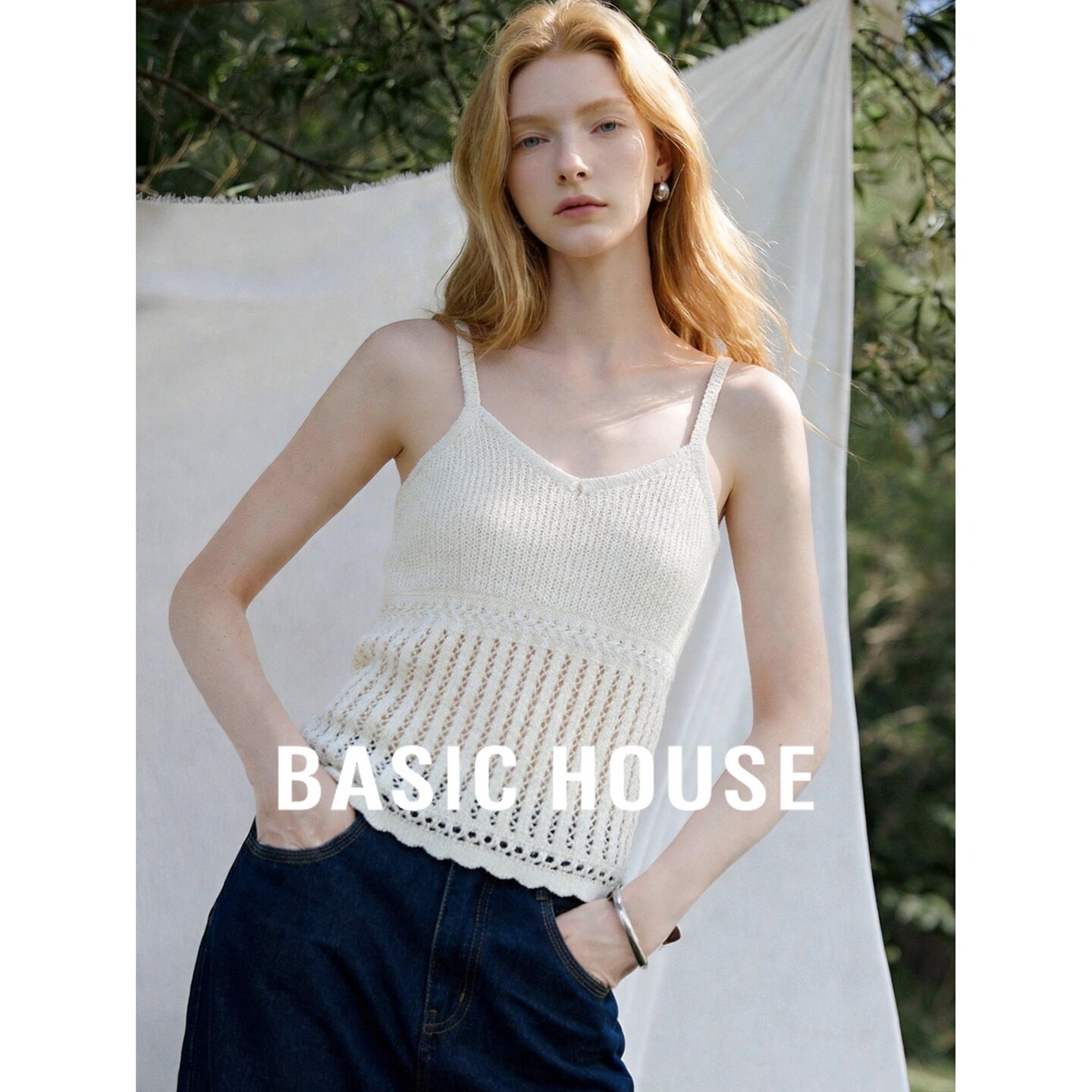 Basic House/百家好法式镂空针织吊带背心女白色V领显瘦上衣夏季