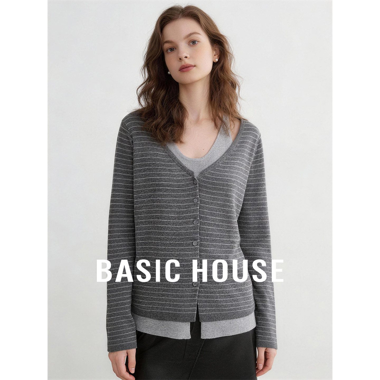 Basic House/百家好灰色假两件条纹针织开衫女26秋季休闲百搭上衣