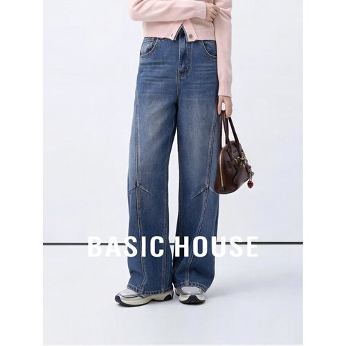 Basic House/百家好蓝色棉质高腰直筒宽松百搭女装阔腿弯刀牛仔裤