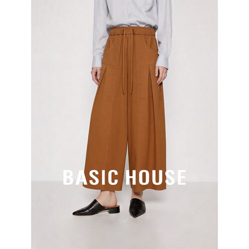 Basic House/百家好桔黄色高腰阔腿裤女秋纯色宽松显瘦百搭休闲裤
