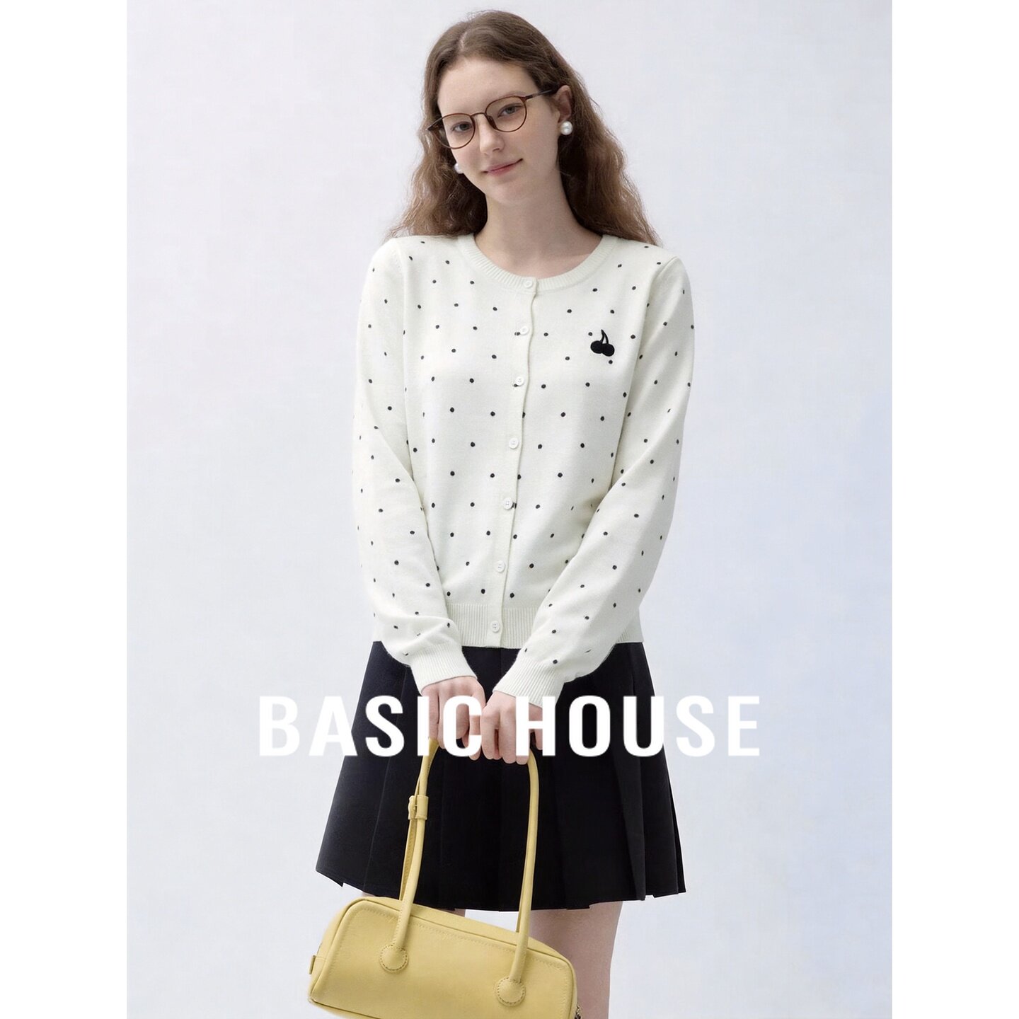 Basic House/百家好波点纽扣针织开衫女圆领长袖毛衣外套韩系穿搭