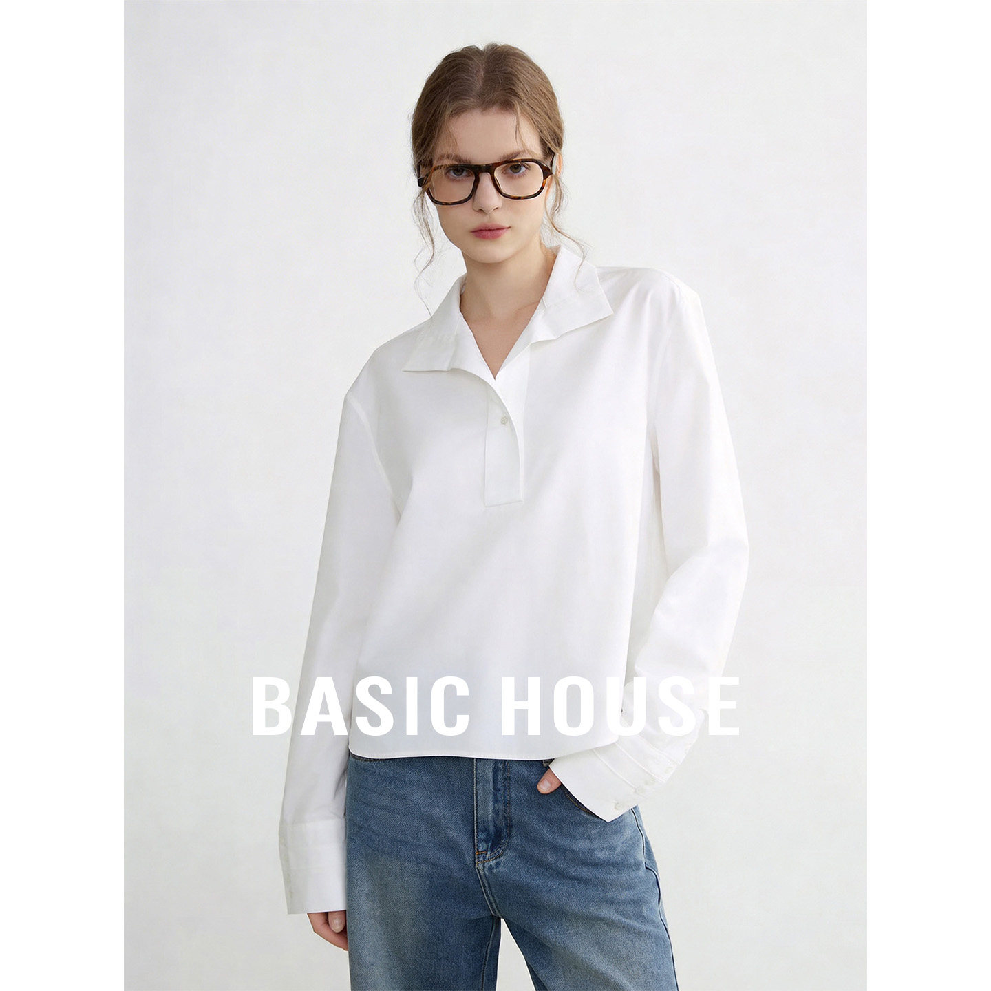 Basic House/百家好白色简约宽松长袖衬衫女秋季新款气质百搭内搭