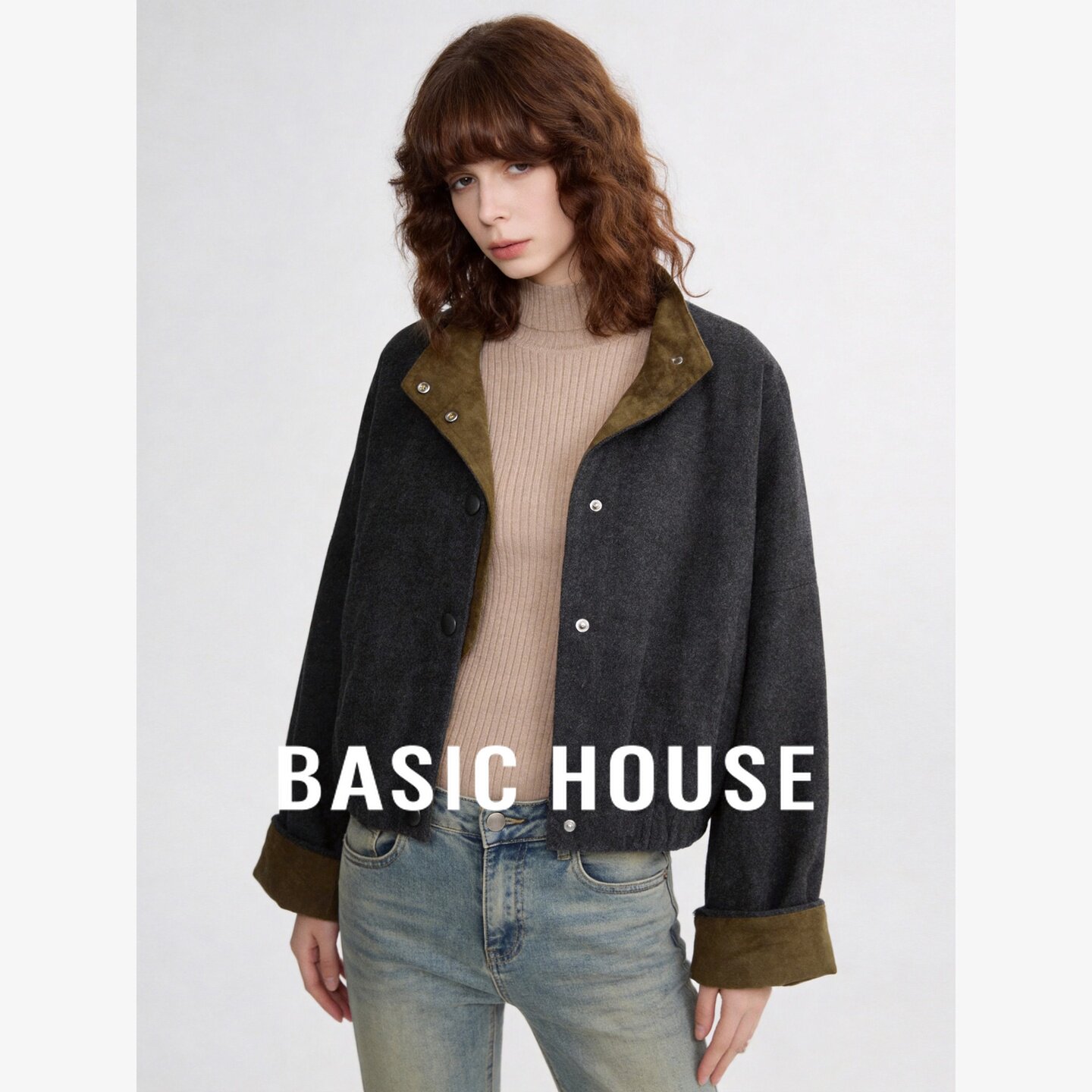 Basic House/百家好拼色立领假两件短外套女复古宽松休闲呢子上衣