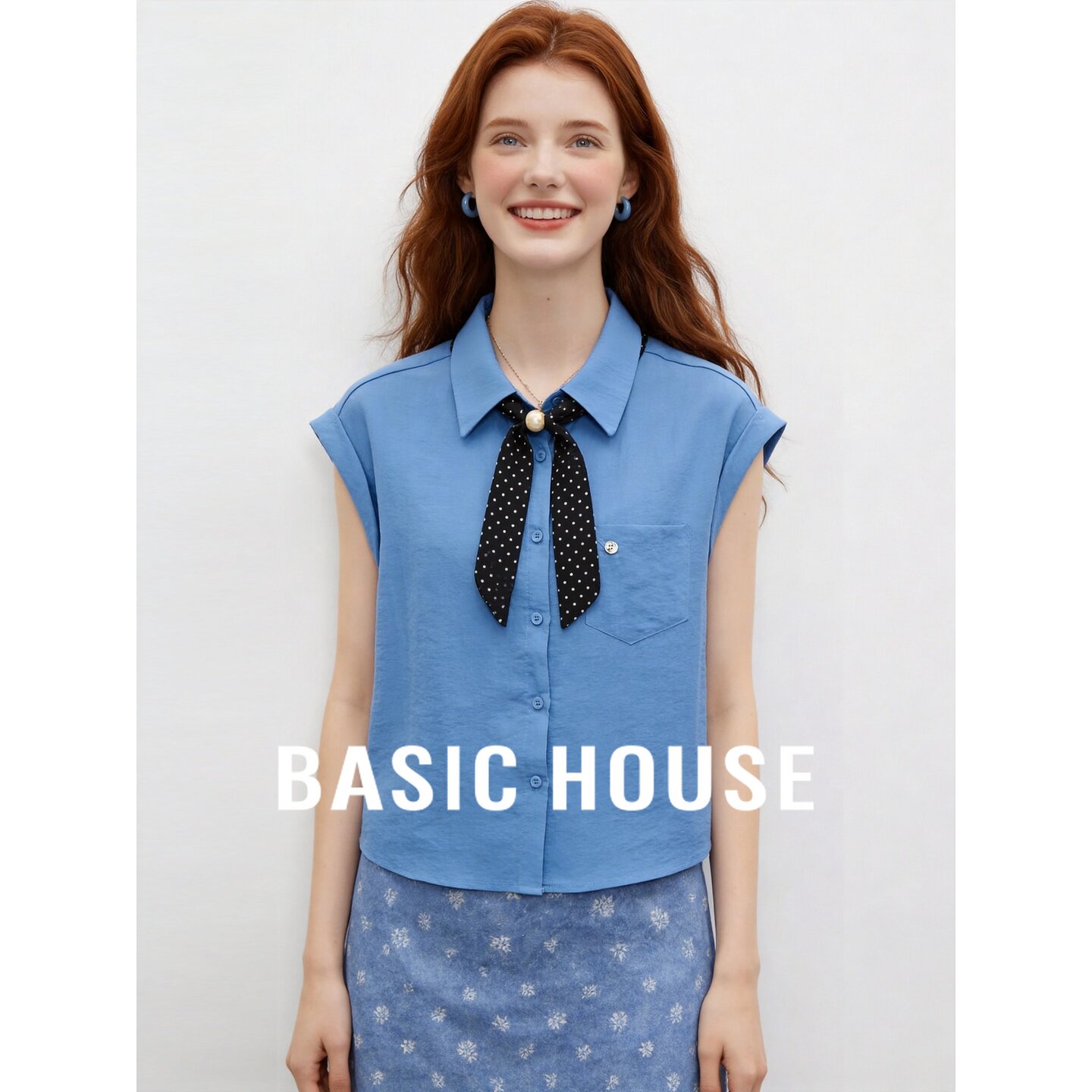 Basic House/百家好设计感翻领丝巾无袖衬衫女夏莫代尔显瘦百搭