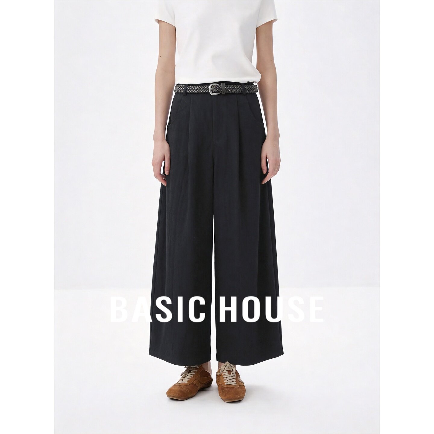 Basic House/百家好新款黑色阔腿裤女编织腰带垂感遮肉百搭休闲裤