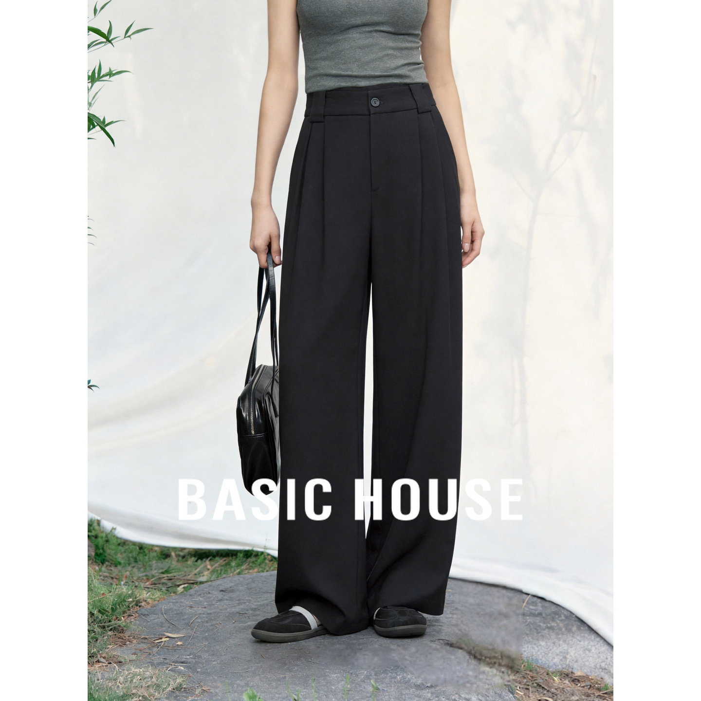 Basic House/百家好垂感阔腿西装裤女黑色宽松显瘦百搭休闲长裤
