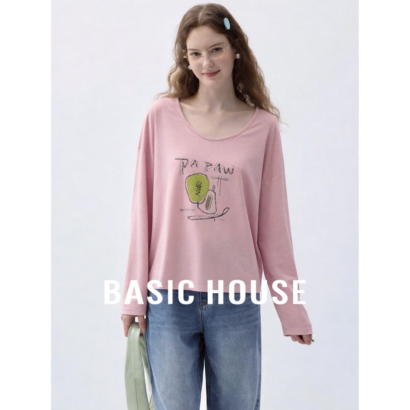 Basic House/百家好莱赛尔粉色印花设计感宽松日常百搭长袖T恤女