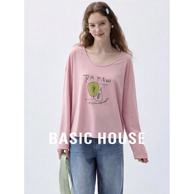 Basic House/百家好莱赛尔粉色印花设计感宽松日常百搭长袖T恤女