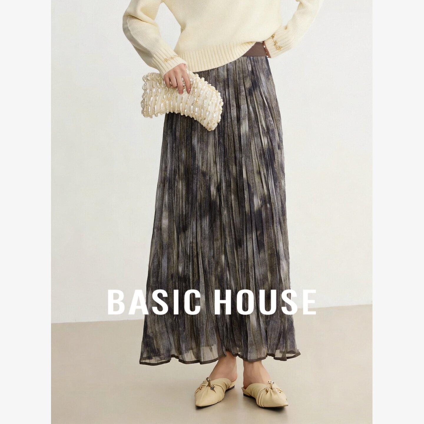 Basic House/百家好复古水墨风褶皱半身裙女百褶长裙显瘦优雅得体