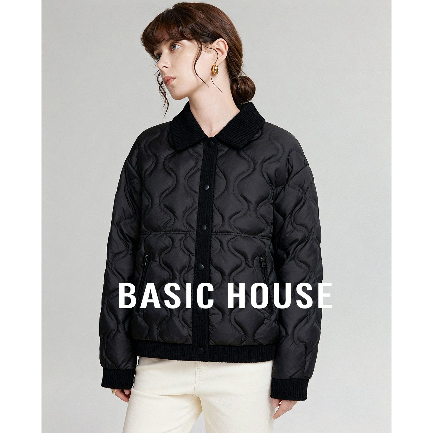 Basic House/百家好25polo领单排扣保暖羽绒服女秋冬百搭短款外套