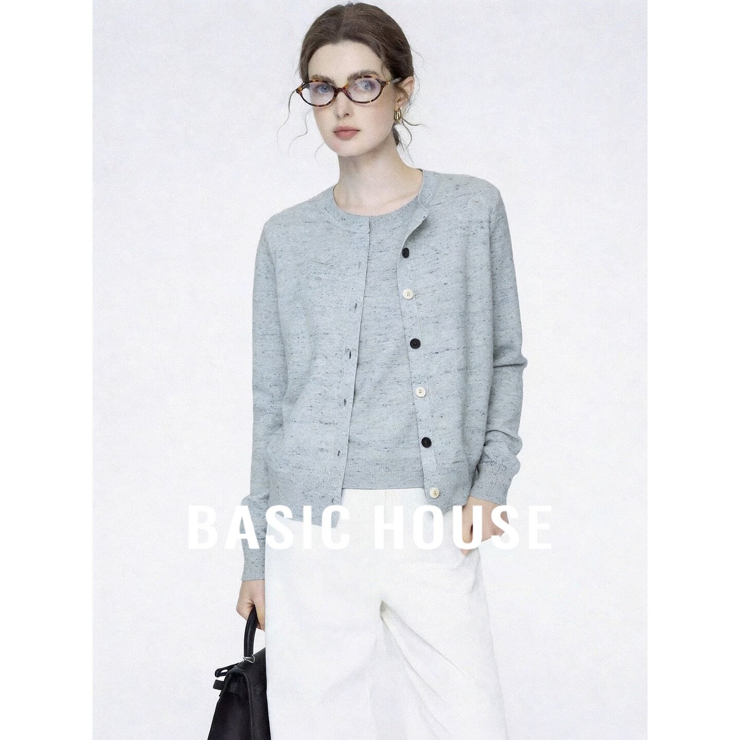 Basic House/百家好极简羊毛针织开衫女秋季宽松显瘦百搭长袖毛衣