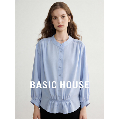 Basic House/百家好蓝色圆领莱赛尔衬衫女春季宽松百搭长袖上衣