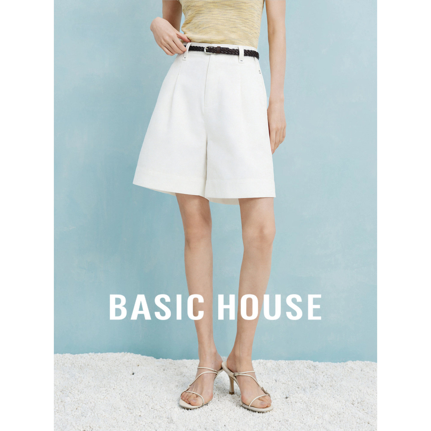 Basic House/百家好配腰带高腰亚麻短裤女夏文艺老钱风阔腿休闲裤