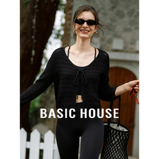 莱赛尔系带短款 百家好亚麻V领镂空针织开衫 外搭上衣 House Basic