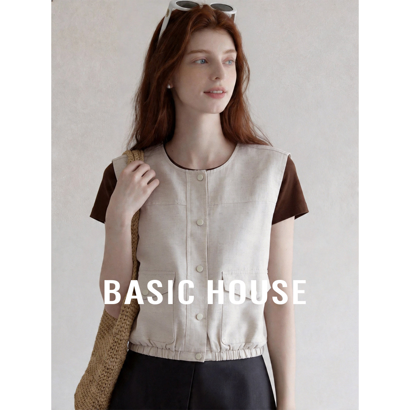 Basic House/百家好2026夏季新款圆领纯色马甲女莱赛尔透气背心