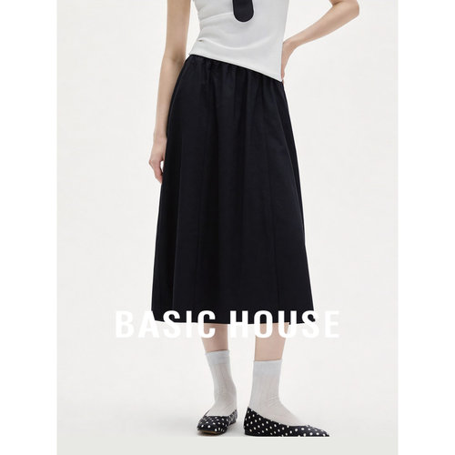 Basic House/百家好极简风黑色A字半身裙女显瘦通勤中长裙垂感