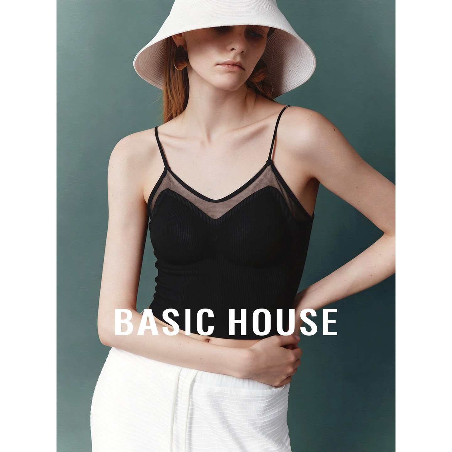 Basic House/百家好2026洋气细肩带网纱V领带胸垫背心女夏季吊带