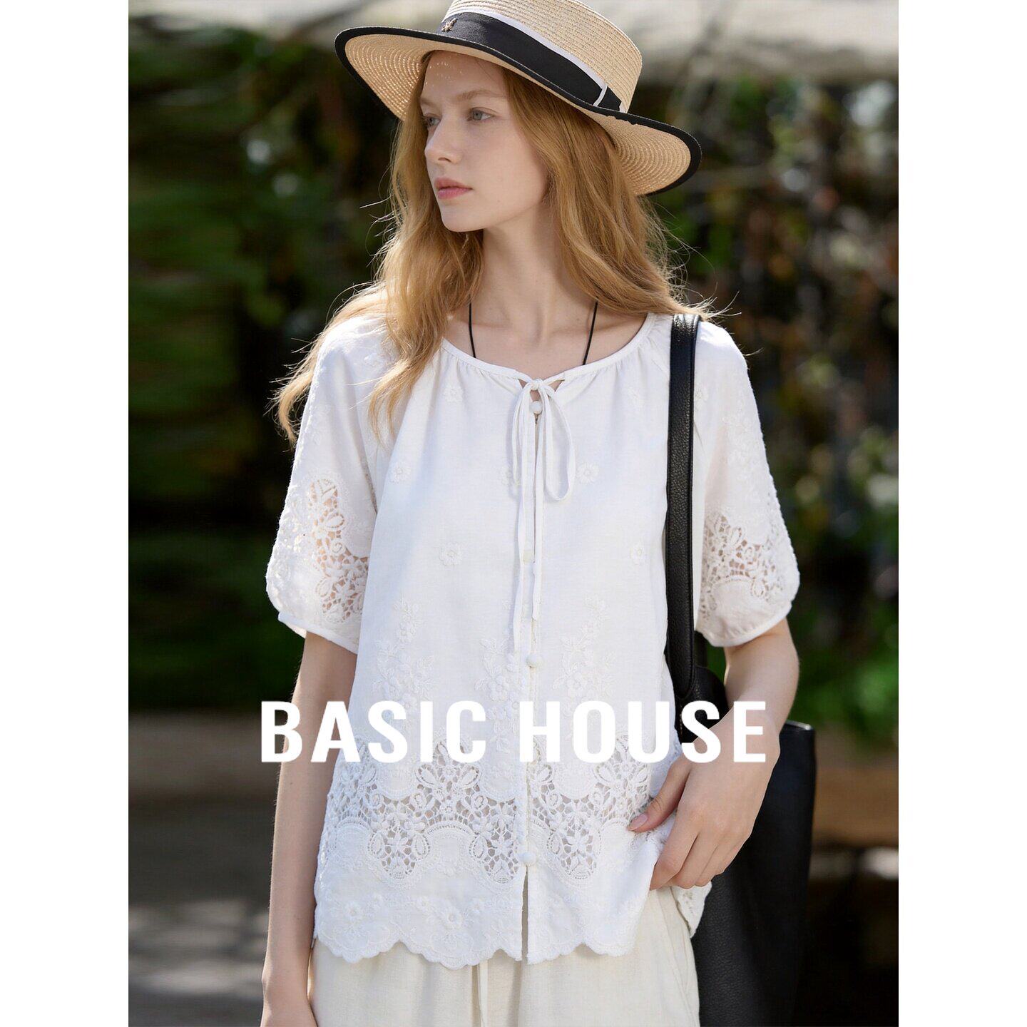 BasicHouse百家好法式森系白色短袖衬衫女夏纯棉宽松刺绣花边上衣